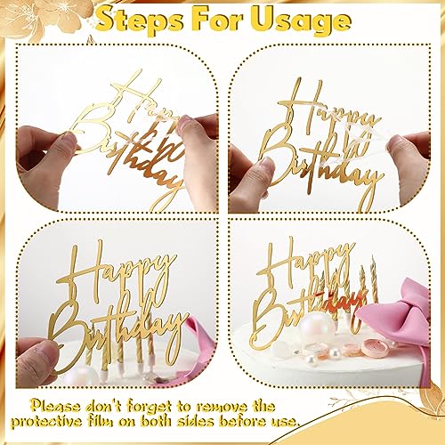 Barydat 24-Piece Gold Acrylic Happy Birthday Cake Toppers - 6 Styles Mirror Cupcake Decorations