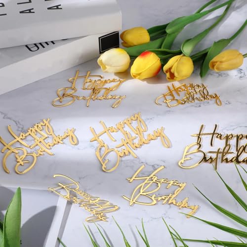 Barydat 24-Piece Gold Acrylic Happy Birthday Cake Toppers - 6 Styles Mirror Cupcake Decorations