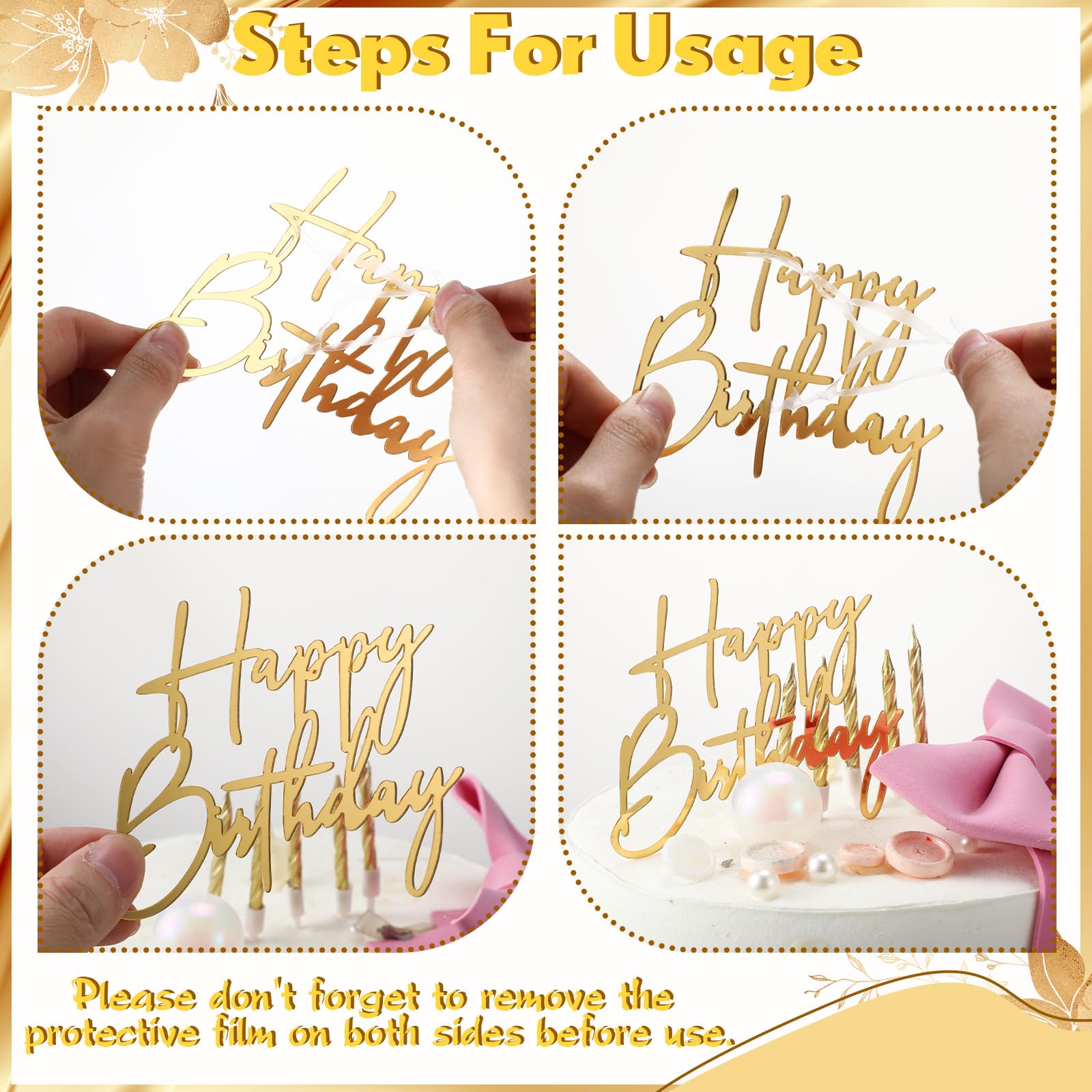 Barydat 24-Piece Gold Acrylic Happy Birthday Cake Toppers - 6 Styles Mirror Cupcake Decorations