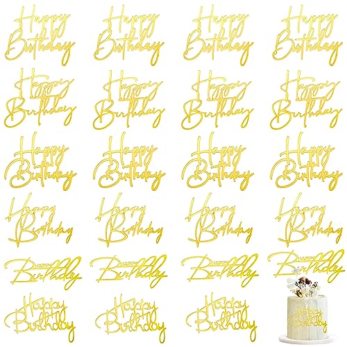 Barydat 24-Piece Gold Acrylic Happy Birthday Cake Toppers - 6 Styles Mirror Cupcake Decorations