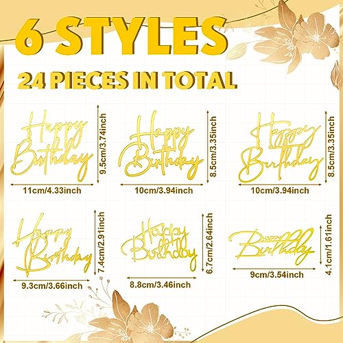 Barydat 24-Piece Gold Acrylic Happy Birthday Cake Toppers - 6 Styles Mirror Cupcake Decorations
