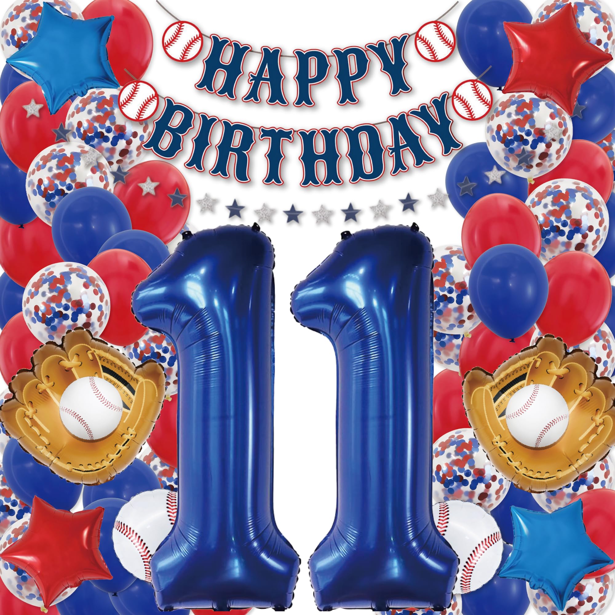 Baseball Birthday Decorations – 82PCS Party Set with 40" Number 11 Jumbo Balloon, Banner, Glove & Ball Balloons, Red, Blue & Confetti Latex, Star Foil Balloons