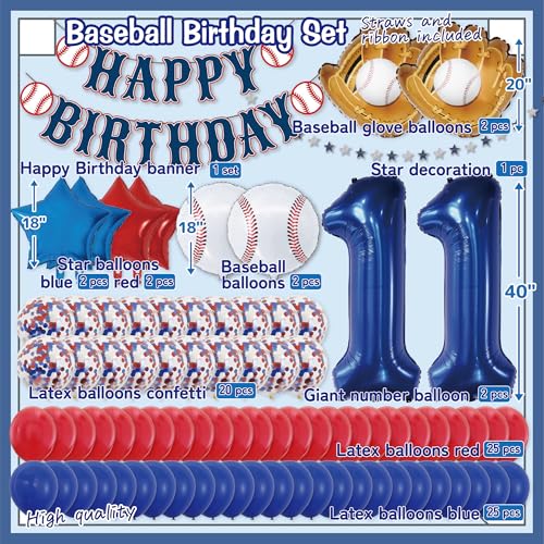 Baseball Birthday Decorations – 82PCS Party Set with 40" Number 11 Jumbo Balloon, Banner, Glove & Ball Balloons, Red, Blue & Confetti Latex, Star Foil Balloons