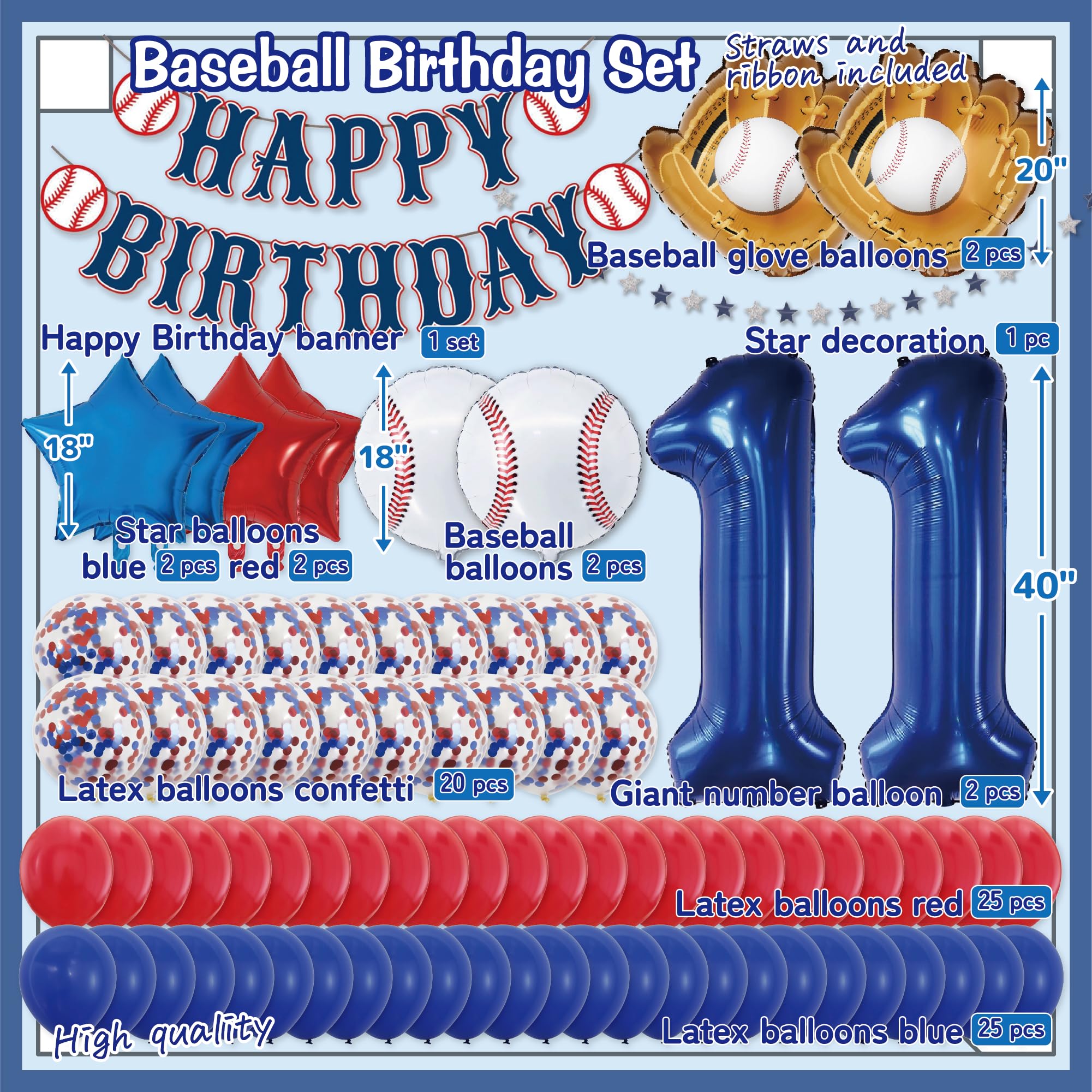 Baseball Birthday Decorations – 82PCS Party Set with 40" Number 11 Jumbo Balloon, Banner, Glove & Ball Balloons, Red, Blue & Confetti Latex, Star Foil Balloons