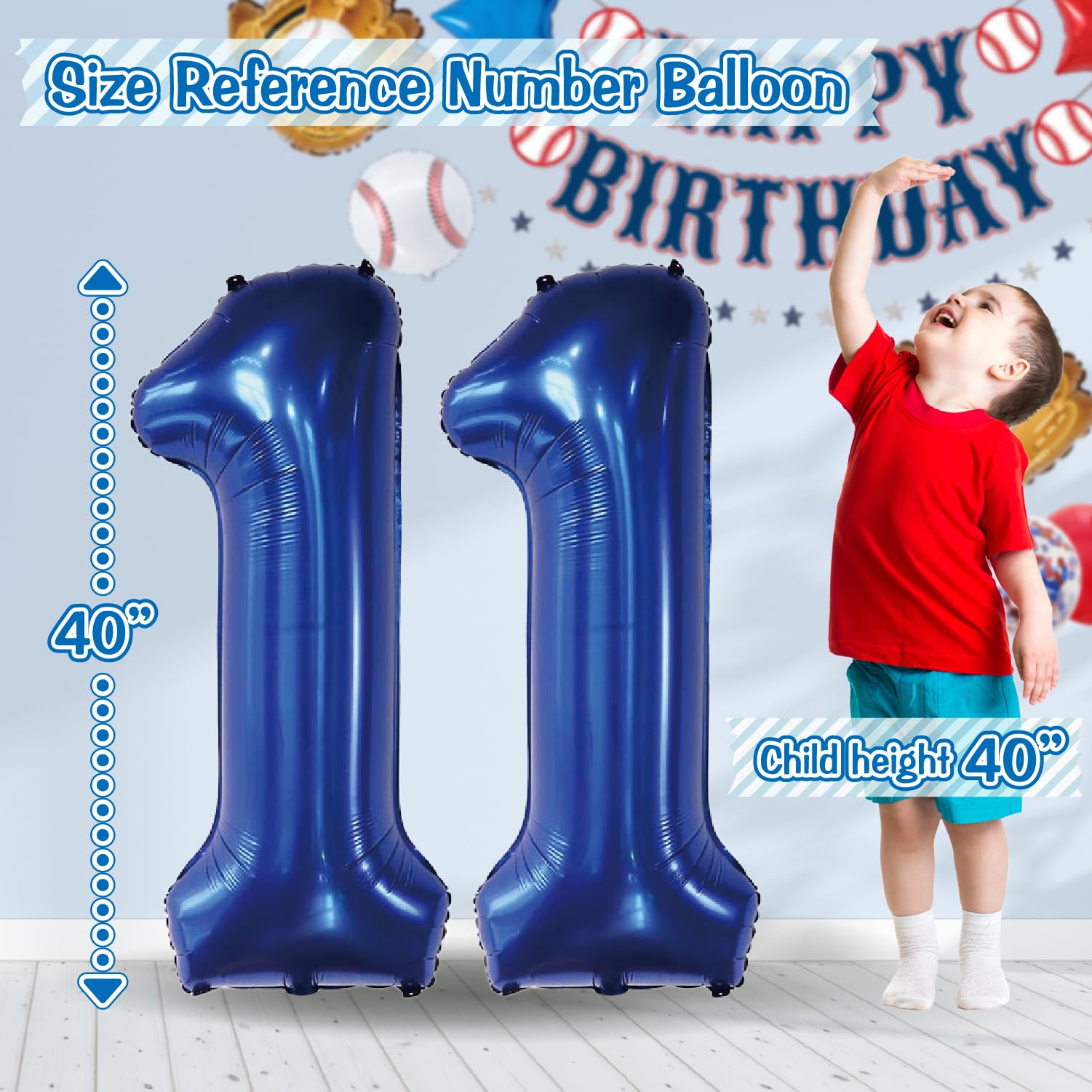 Baseball Birthday Decorations – 82PCS Party Set with 40" Number 11 Jumbo Balloon, Banner, Glove & Ball Balloons, Red, Blue & Confetti Latex, Star Foil Balloons