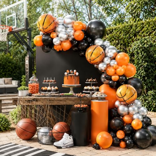 Basketball Balloon Garland Kit – Orange, Black, Silver Metallic Latex & Foil Balloons for Sports Party Decor