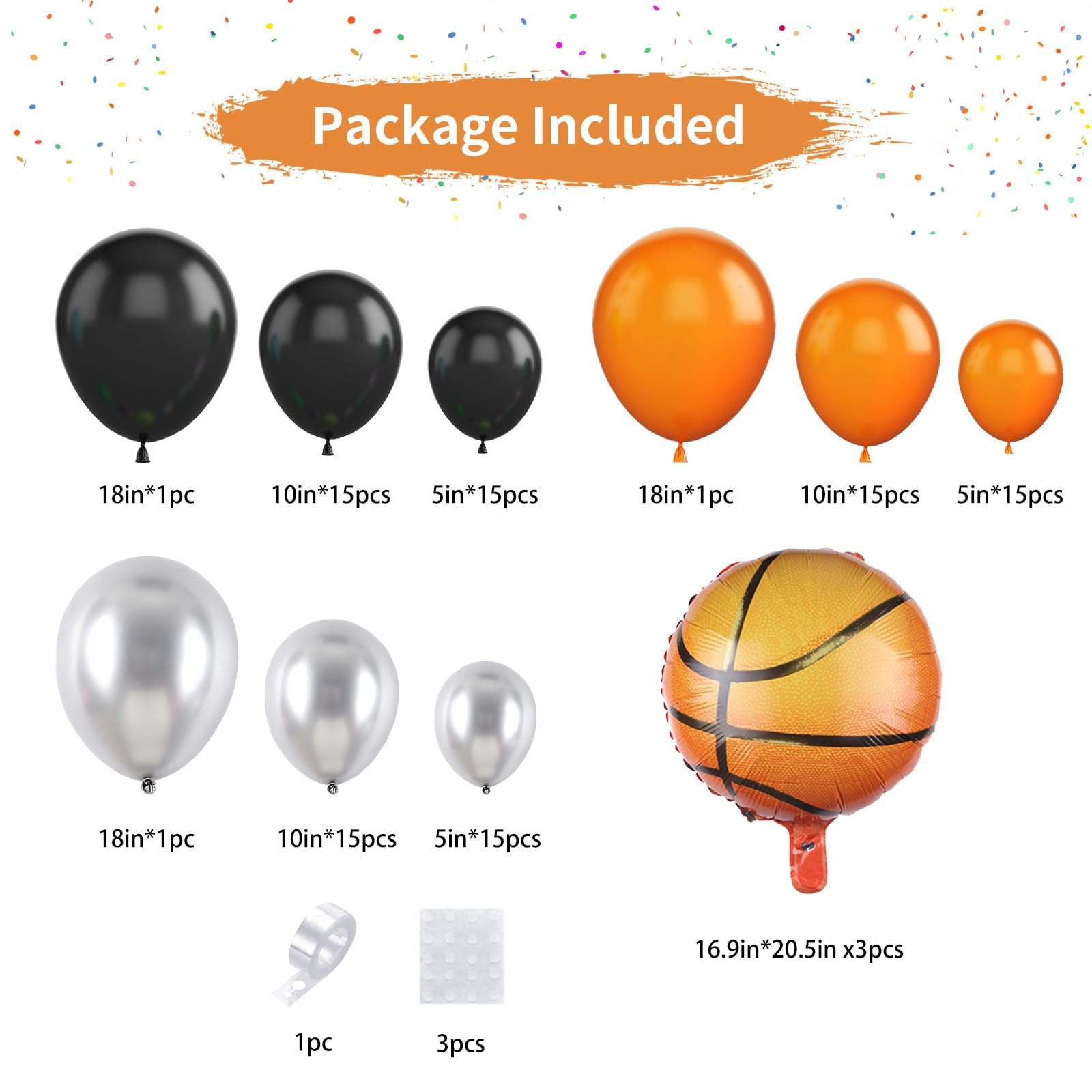 Basketball Balloon Garland Kit – Orange, Black, Silver Metallic Latex & Foil Balloons for Sports Party Decor