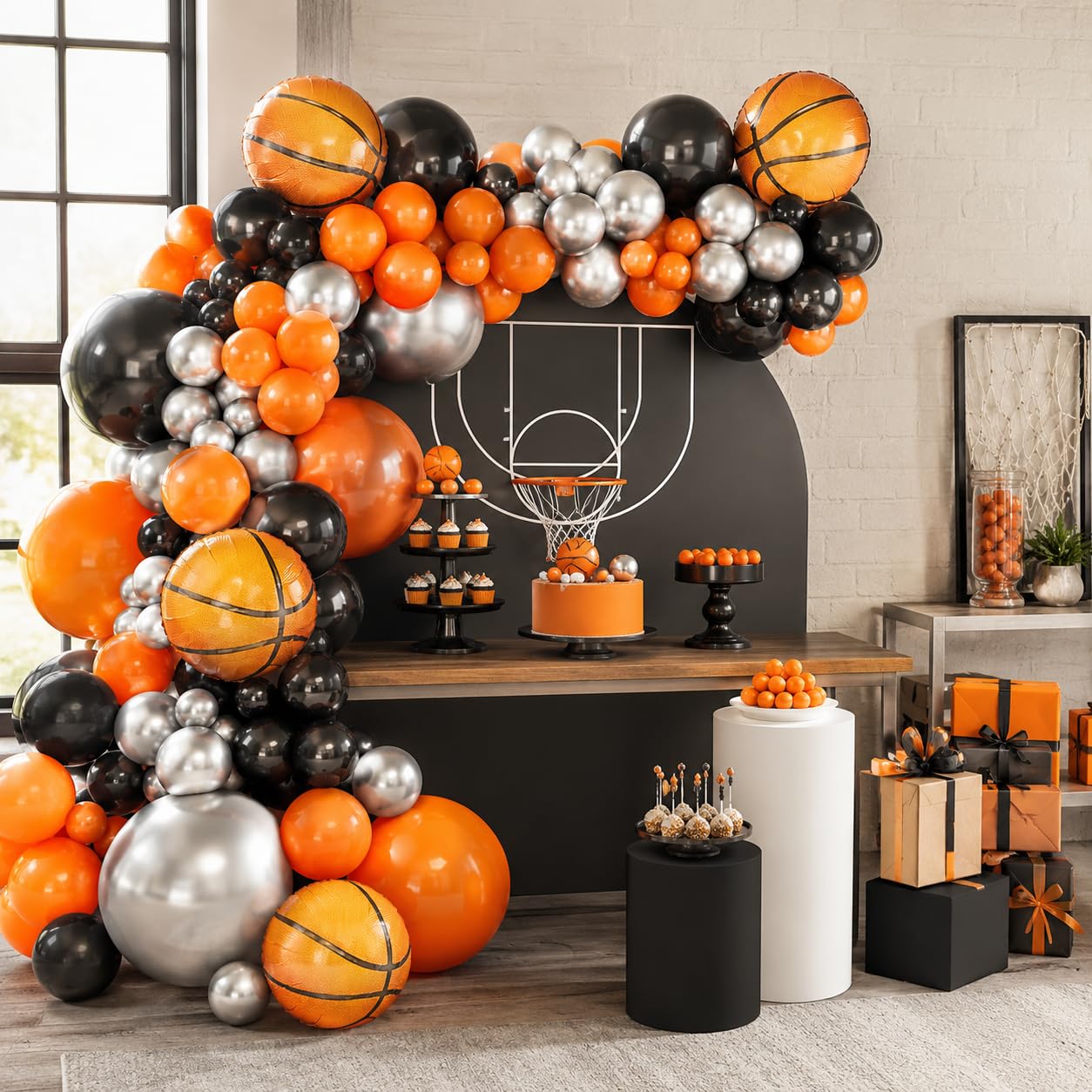 Basketball Balloon Garland Kit – Orange, Black, Silver Metallic Latex & Foil Balloons for Sports Party Decor