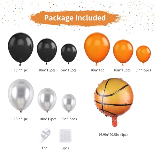 Basketball Balloon Garland Kit – Orange, Black, Silver Metallic Latex & Foil Balloons for Sports Party Decor