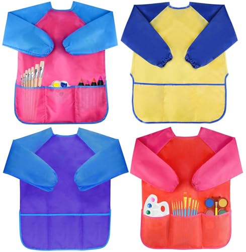 Bassion Kids Art Smock – Waterproof Toddler Painting Apron for Ages 2-6, Three Pockets, Velcro Back, Machine Washable