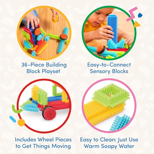Battat Bristle Blocks Basic Builder Box – 36-Piece Interlocking Building Set with Wheels for Toddlers Age 2+