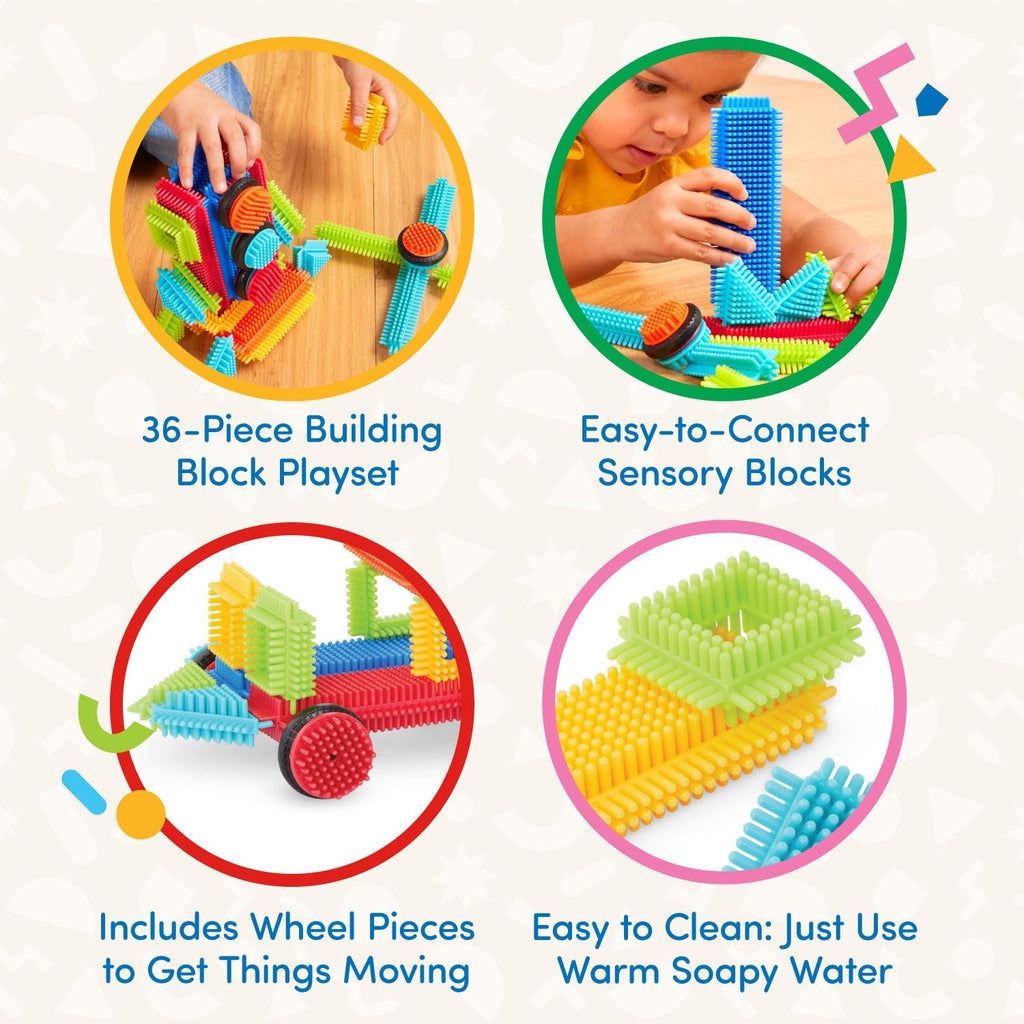 Battat Bristle Blocks Basic Builder Box – 36-Piece Interlocking Building Set with Wheels for Toddlers Age 2+