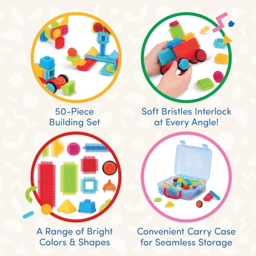 Battat Bristle Blocks Basic Builder Case – 50-Piece Interlocking Building Set with Wheels & Carry Case for Toddlers Ages 2+