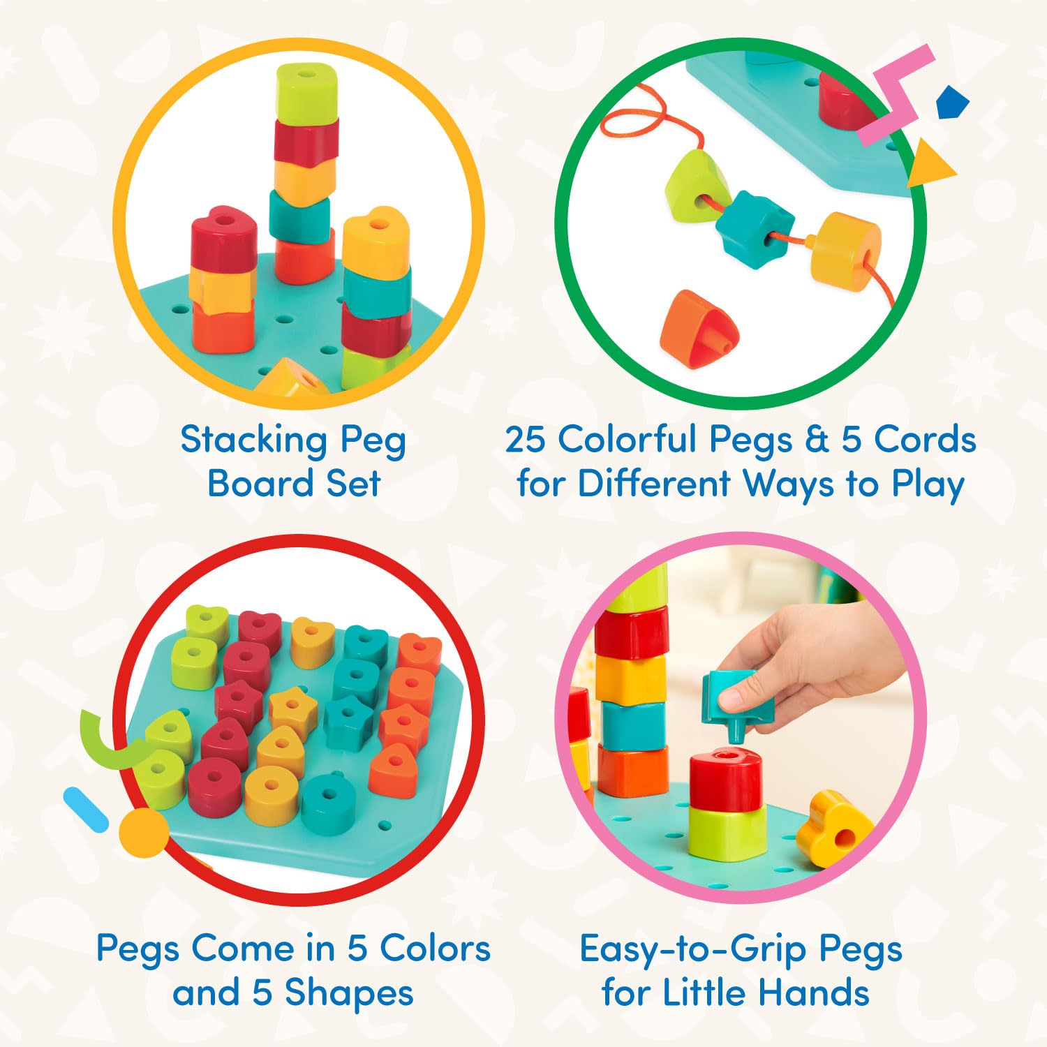 Battat Count & Match Pegboard – 25 Colored Pegs and 5 Cords for Stacking and Lacing