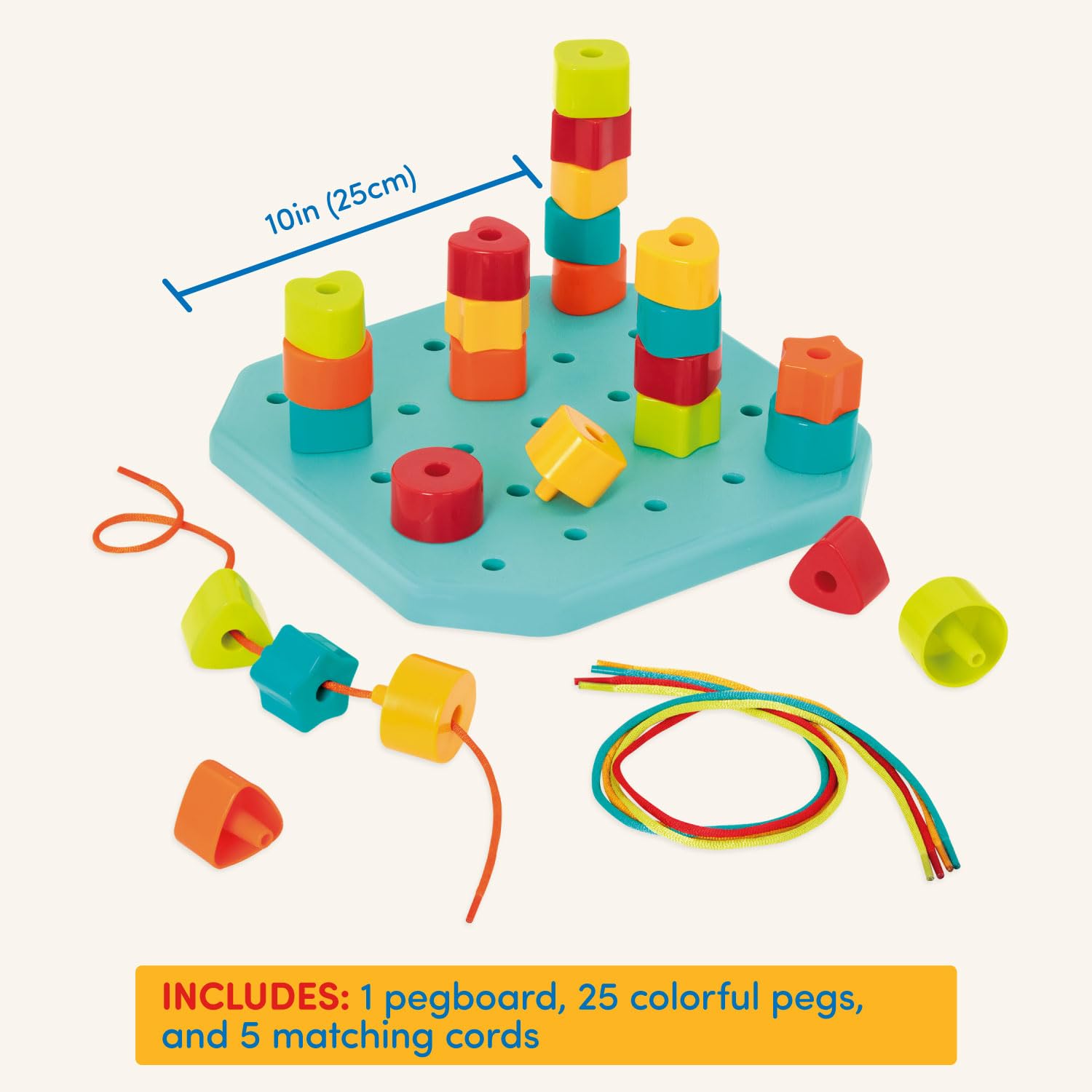 Battat Count & Match Pegboard – 25 Colored Pegs and 5 Cords for Stacking and Lacing