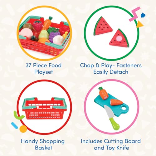 Battat Farmers Market Produce Basket – 37-Piece Pretend Play Food Set with Cutting Action for Toddlers 2+