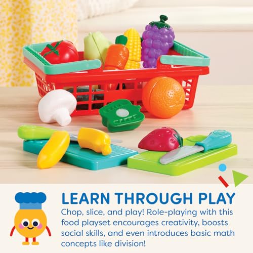 Battat Farmers Market Produce Basket – 37-Piece Pretend Play Food Set with Cutting Action for Toddlers 2+