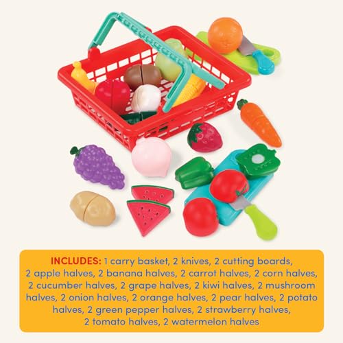 Battat Farmers Market Produce Basket – 37-Piece Pretend Play Food Set with Cutting Action for Toddlers 2+