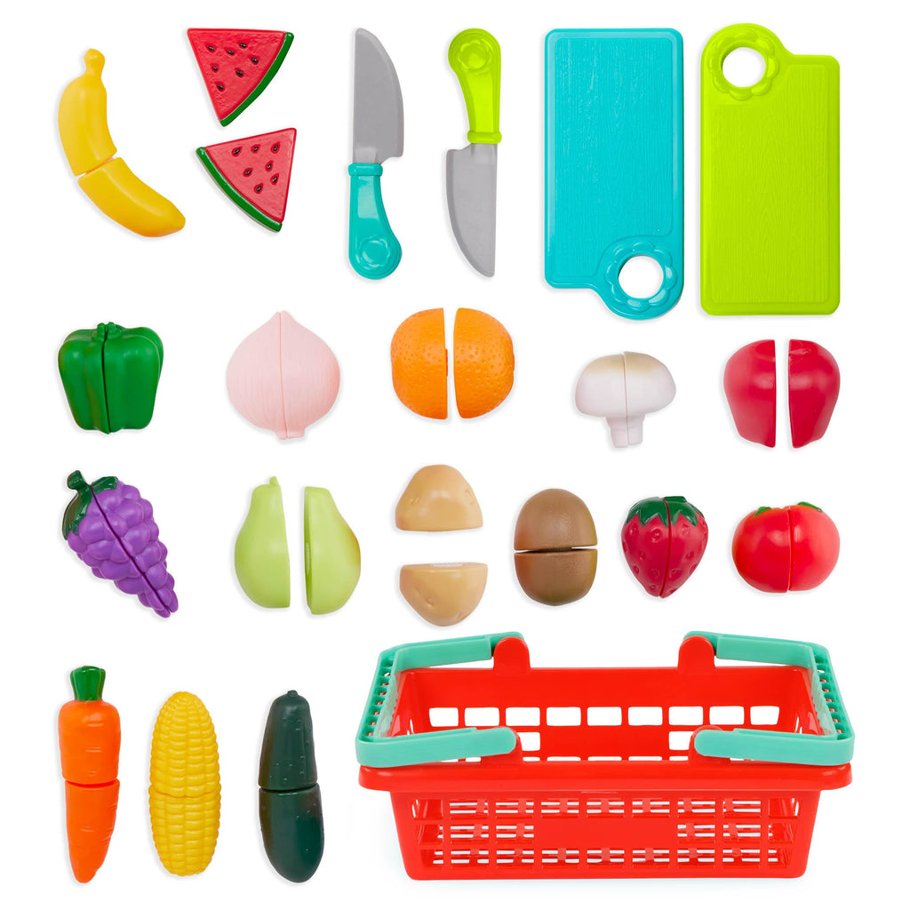 Battat Farmers Market Produce Basket – 37-Piece Pretend Play Food Set with Cutting Action for Toddlers 2+