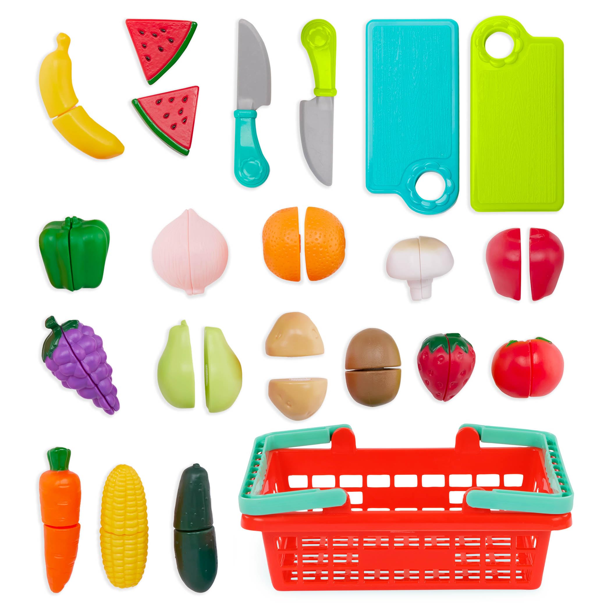 Battat Farmers Market Produce Basket – 37-Piece Pretend Play Food Set with Cutting Action for Toddlers 2+