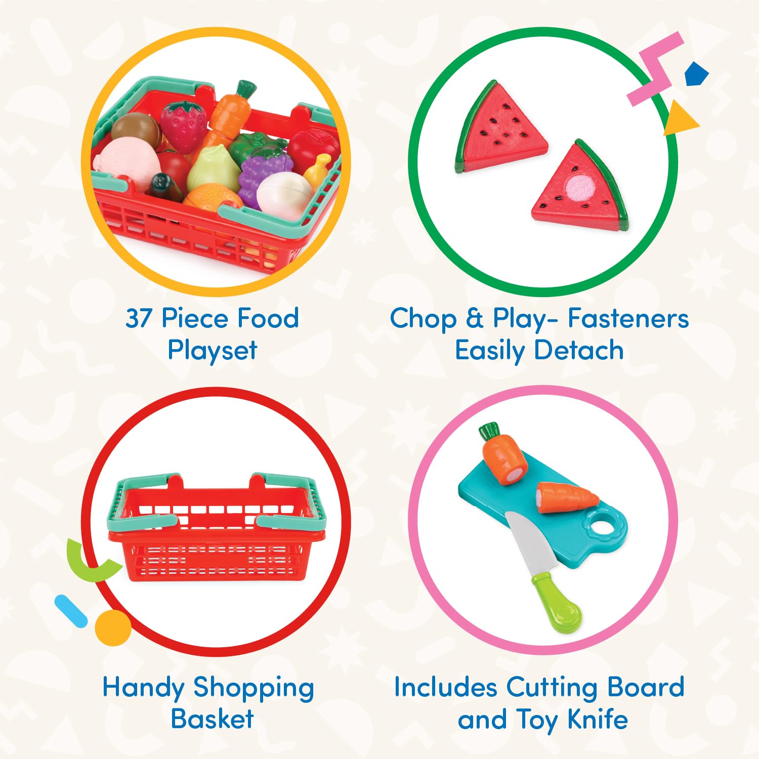 Battat Farmers Market Produce Basket – 37-Piece Pretend Play Food Set with Cutting Action for Toddlers 2+