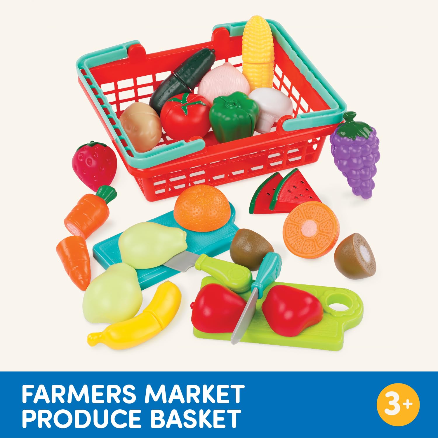 Battat Farmers Market Produce Basket – 37-Piece Pretend Play Food Set with Cutting Action for Toddlers 2+