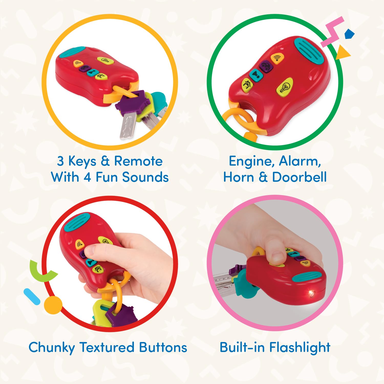 Battat Light & Sound Toy Car Keys Set – 3 Keys & Remote with Flashlight – for Toddlers 10+ Months