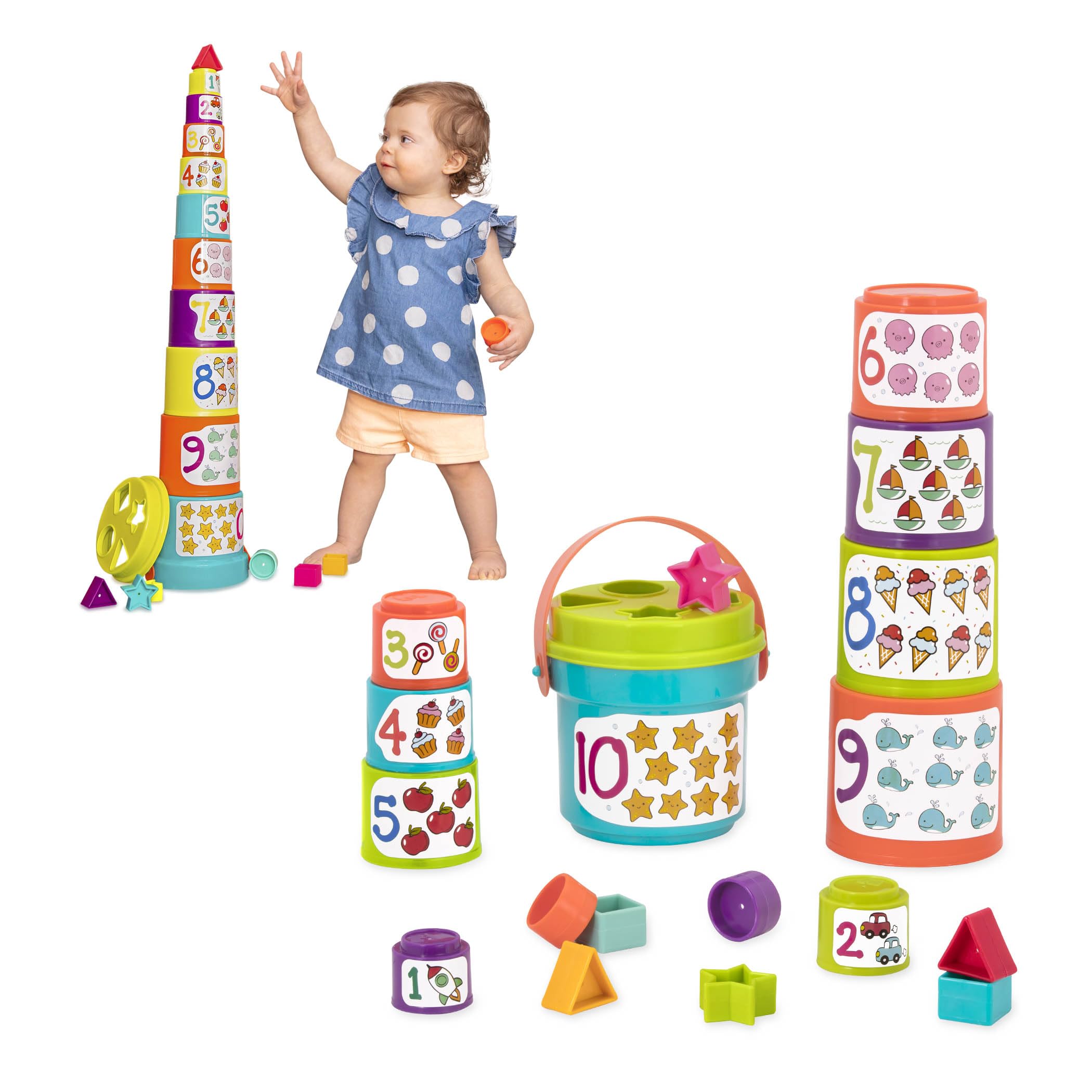Battat Sort & Stack Nesting Cups Set - 19 Pieces Stacking Toy for Toddlers 18+ Months