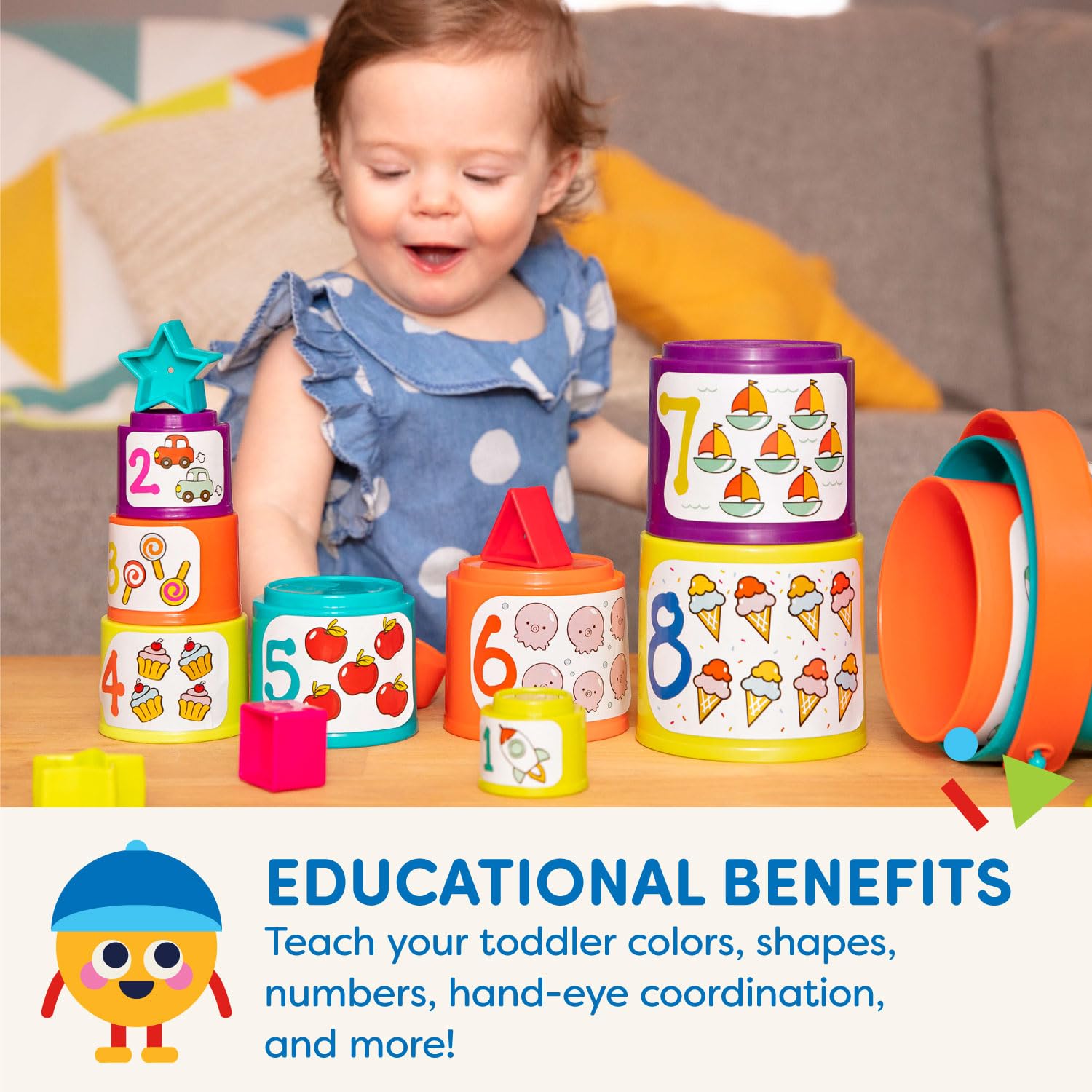 Battat Sort & Stack Nesting Cups Set - 19 Pieces Stacking Toy for Toddlers 18+ Months