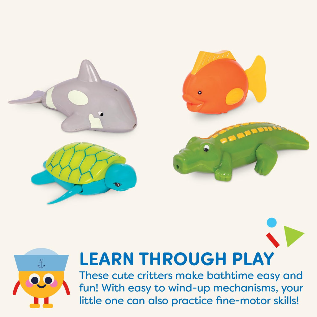 Battat Wind-Up Tubbies – 4-Pack Bath Toys That Swim and Move – Turtle, Fish, Crocodile, Whale – Ages 2+