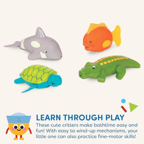 Battat Wind-Up Tubbies – 4-Pack Bath Toys That Swim and Move – Turtle, Fish, Crocodile, Whale – Ages 2+