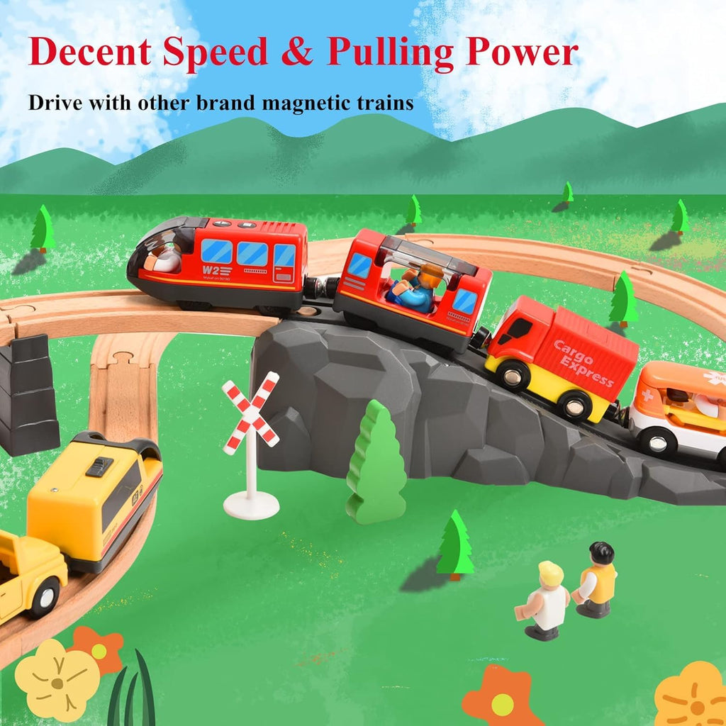 Battery Operated Electric Locomotive Train Set for Wooden Tracks - Compatible with Major Brands, Lights & Sounds, Kids Ages 3+