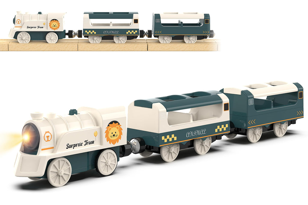 Battery Powered Train Set for Wooden Railway - 3-Piece Motorized Locomotive with Lights & Sounds - Compatible with Thomas & Friends, Brio, Chuggington
