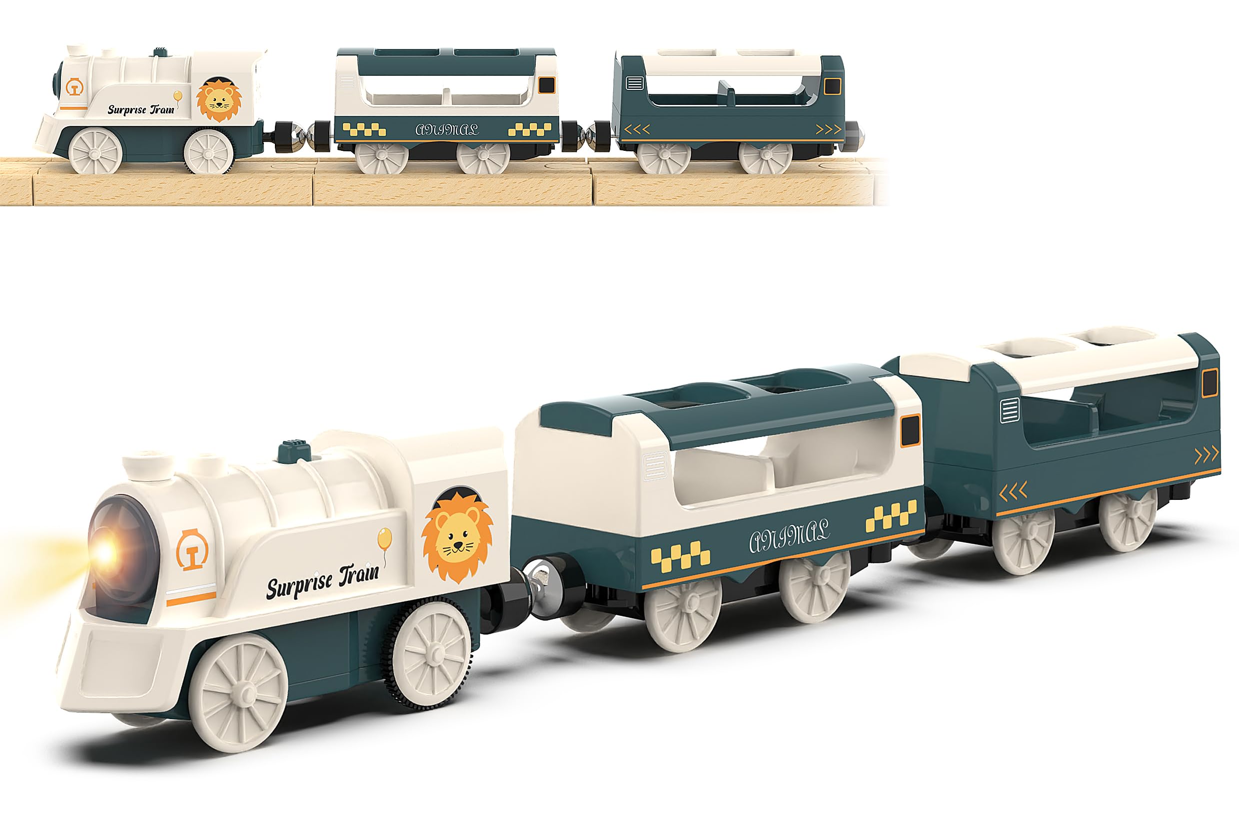 Battery Powered Train Set for Wooden Railway - 3-Piece Motorized Locomotive with Lights & Sounds - Compatible with Thomas & Friends, Brio, Chuggington