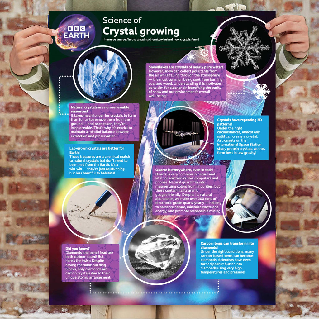 BBC Earth Science of Crystal Growing Kit – Grow 3 Dazzling Crystals with Powdered Paints and Display Case, STEM Toy for Ages 12+