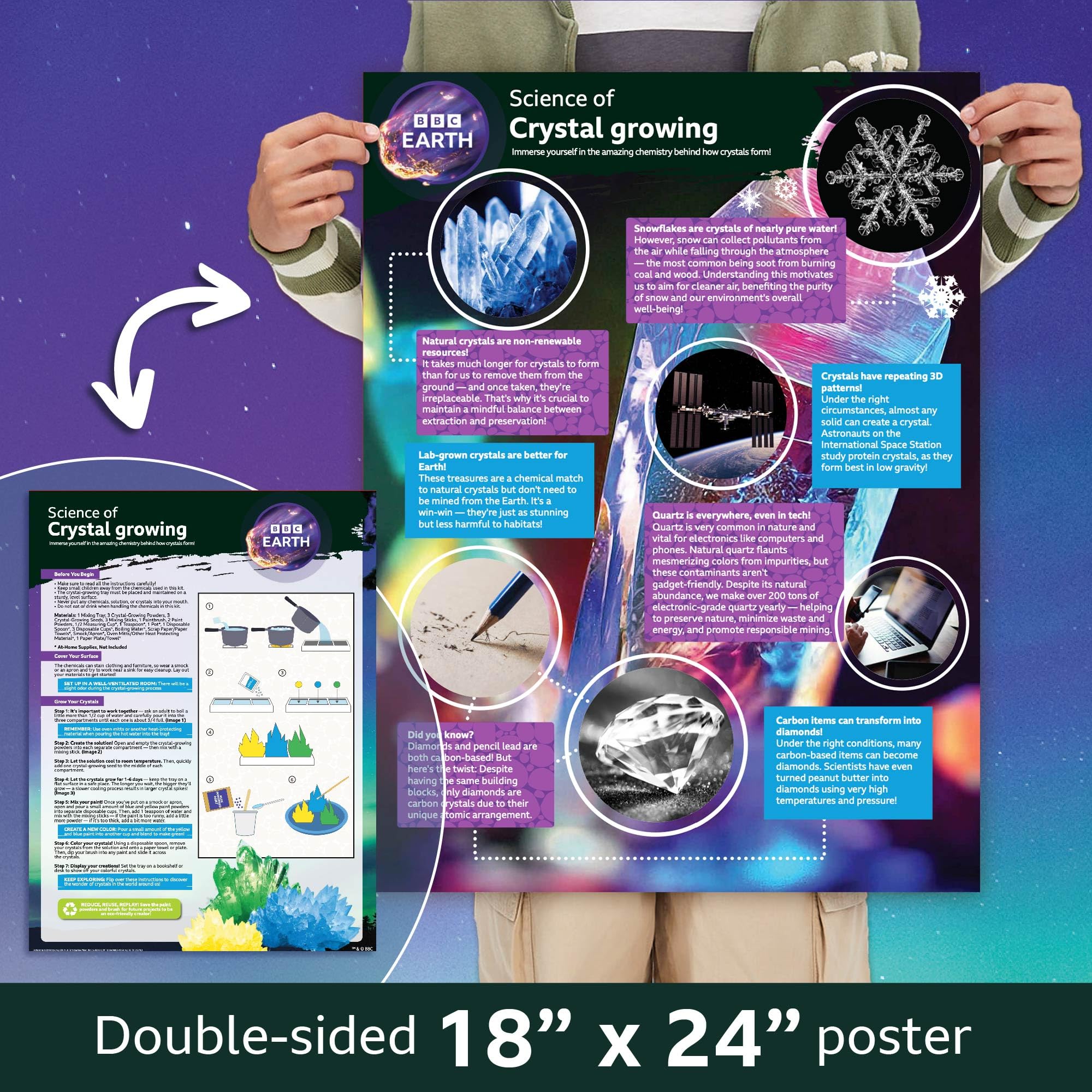BBC Earth Science of Crystal Growing Kit – Grow 3 Dazzling Crystals with Powdered Paints and Display Case, STEM Toy for Ages 12+