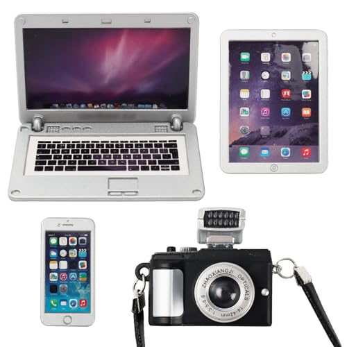 Bbiamsleep 4-Piece Miniature Laptop, Tablet, Phone & Camera Set for Dollhouses (1/4, 1/6, 1/12 Scale)