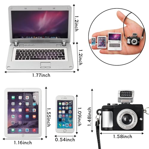 Bbiamsleep 4-Piece Miniature Laptop, Tablet, Phone & Camera Set for Dollhouses (1/4, 1/6, 1/12 Scale)