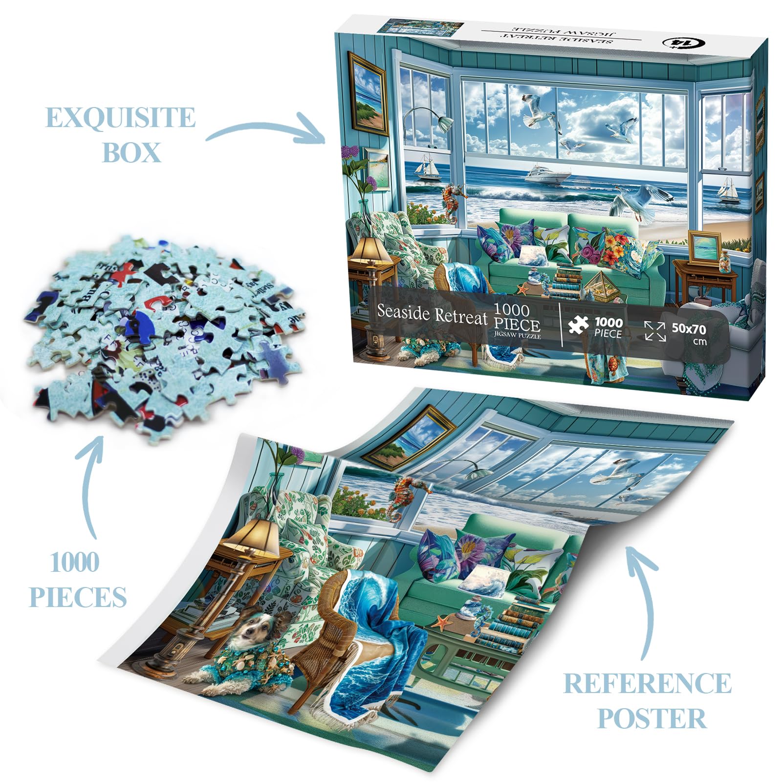 BBOLDIN 1000-Piece Beach Summer House Puzzle - Ocean Scene, 27.6x19.7 Inches