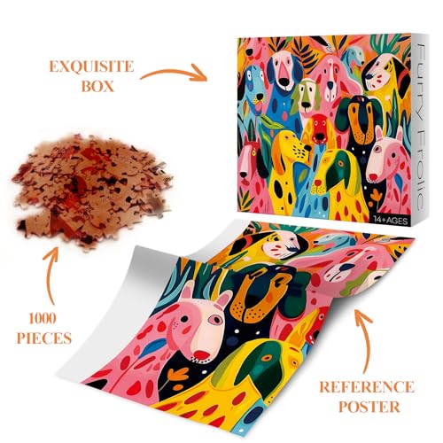BBOLDIN 1000-Piece Colorful Dog Jigsaw Puzzle for Adults – Funny Puppy Art with Abstract Plant Design
