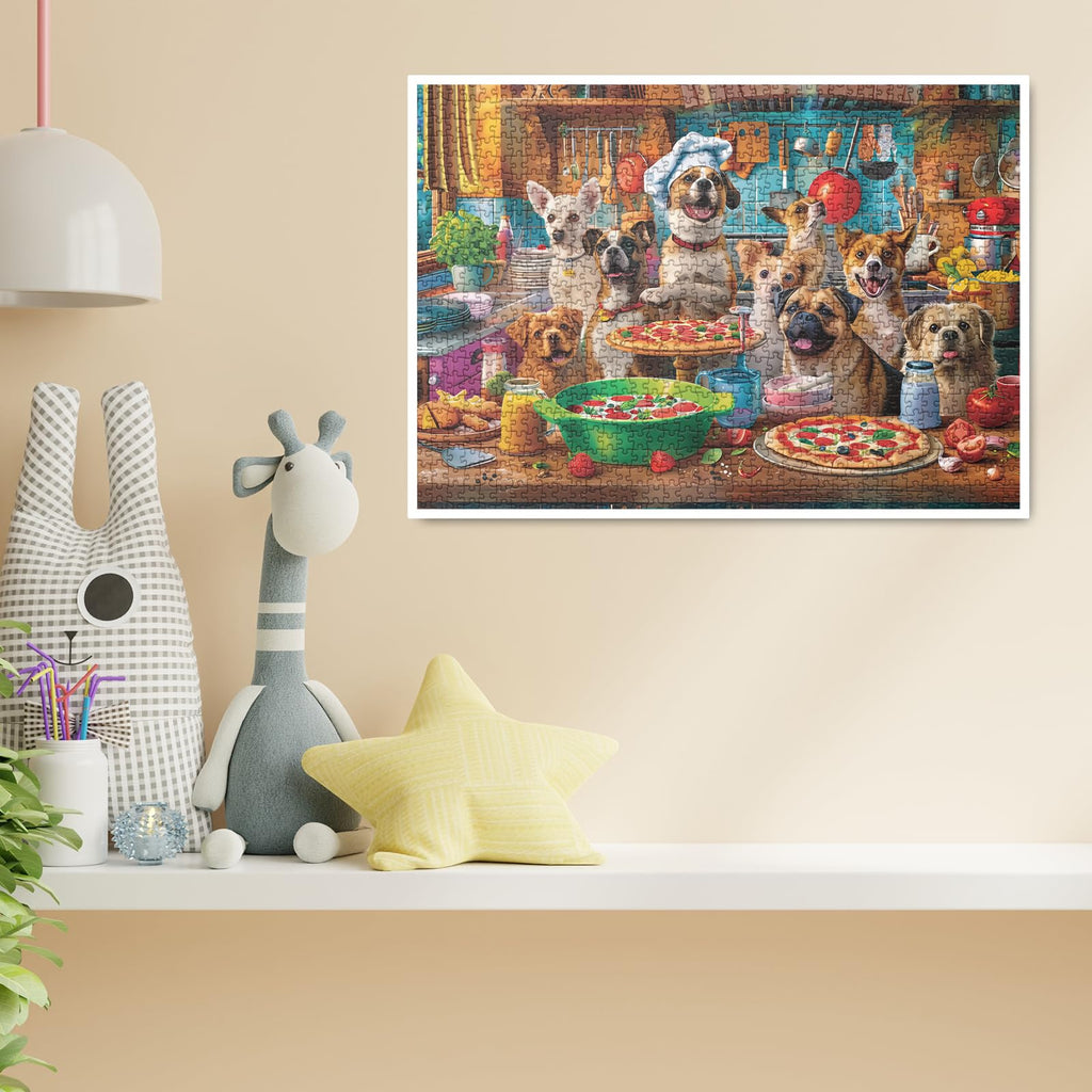 BBOLDIN 1000 Piece Dog Puppy Pizza Jigsaw Puzzle – Funny Kitchen Scene with Happy Dogs