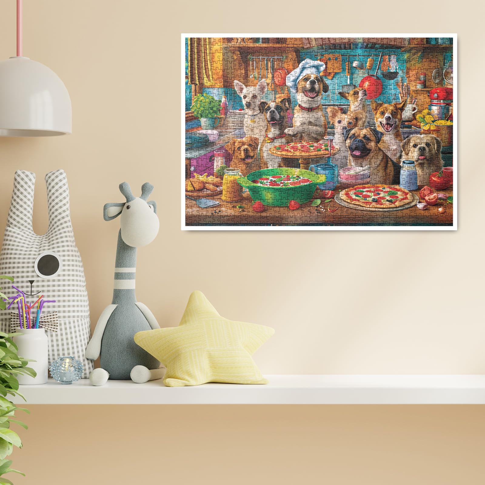 BBOLDIN 1000 Piece Dog Puppy Pizza Jigsaw Puzzle – Funny Kitchen Scene with Happy Dogs