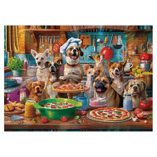 BBOLDIN 1000 Piece Dog Puppy Pizza Jigsaw Puzzle – Funny Kitchen Scene with Happy Dogs