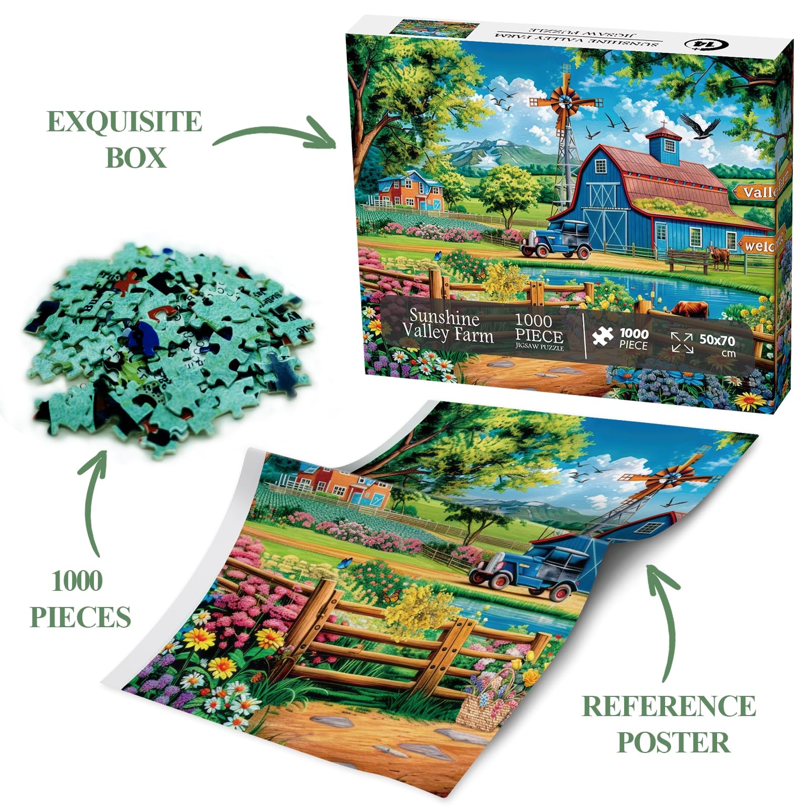 BBOLDIN 1000 Piece Farm Country Barn Puzzle - Nature Landscape Jigsaw with Flower, Bird, Cow