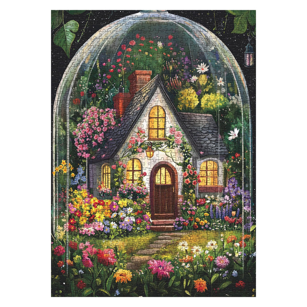 BBOLDIN 1000 Piece Flower Garden Jigsaw Puzzle – Floral Cottage in Glass Dome, 27.5x19.7 Inches