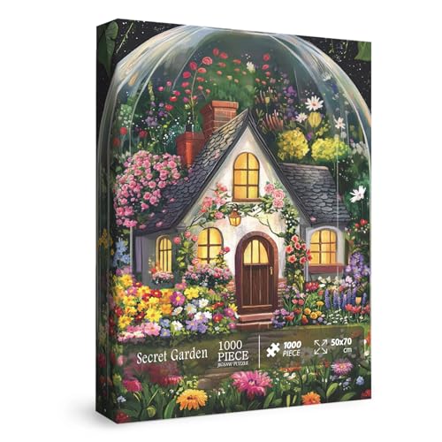 BBOLDIN 1000 Piece Flower Garden Jigsaw Puzzle – Floral Cottage in Glass Dome, 27.5x19.7 Inches