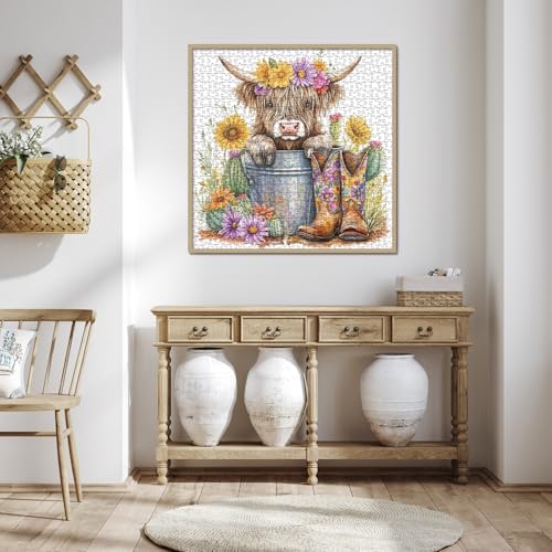 BBOLDIN 1000 Piece Highland Cow Sunflower Jigsaw Puzzle – 23.9x23.9in Adult Puzzle with Cute Animal Floral Art