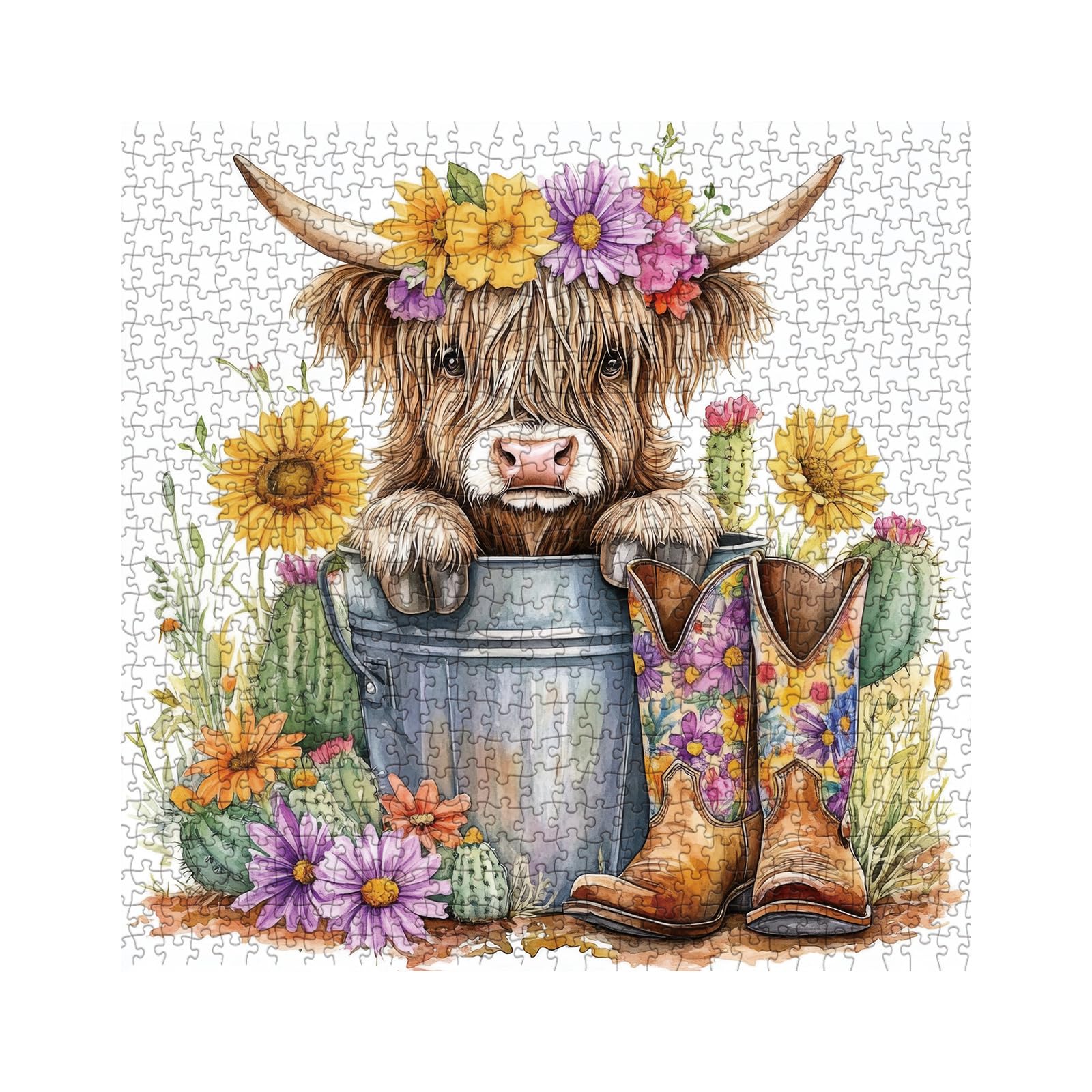 BBOLDIN 1000 Piece Highland Cow Sunflower Jigsaw Puzzle – 23.9x23.9in Adult Puzzle with Cute Animal Floral Art