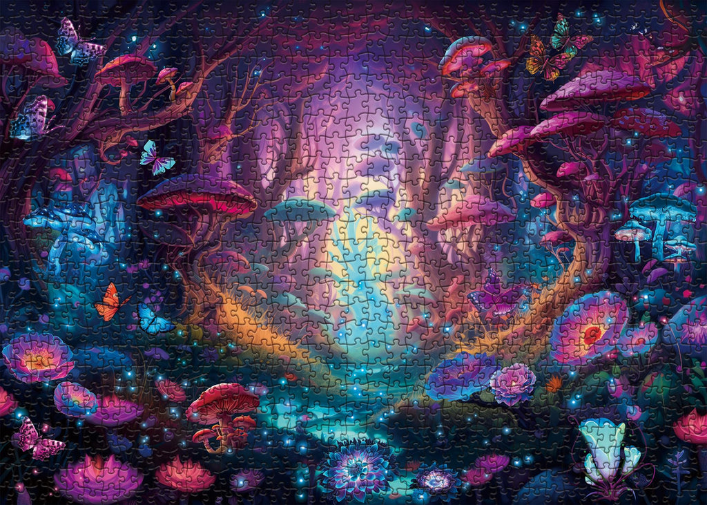 BBOLDIN 1000-Piece Magical Forest Puzzle: Glow-in-the-Dark Mushroom & Butterfly Jigsaw with Glitter Details