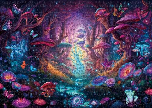 BBOLDIN 1000-Piece Magical Forest Puzzle: Glow-in-the-Dark Mushroom & Butterfly Jigsaw with Glitter Details